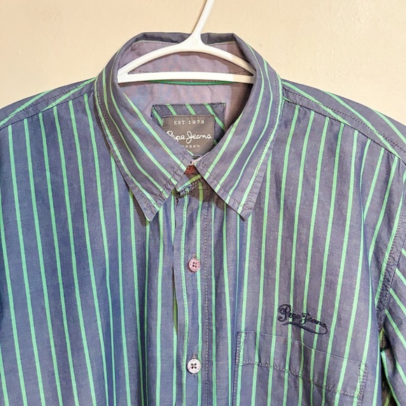 $15⚡️Vintage Pepe Jeans Purple Cotton Button Up Dress Shirt Green Stripes - Picture 3 of 15
